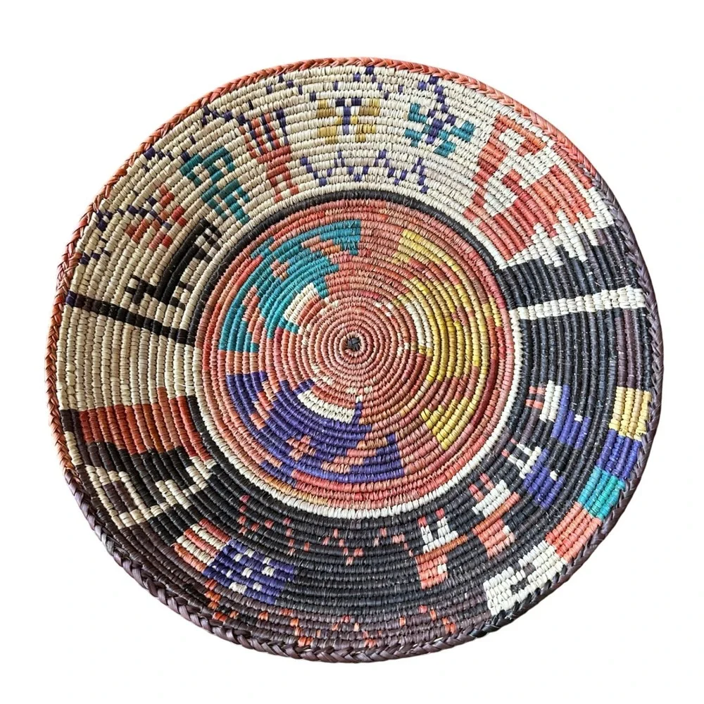 Vintage Southwestern Woven Coil Basket Wall Decor Tray 14 Inch Multicolor